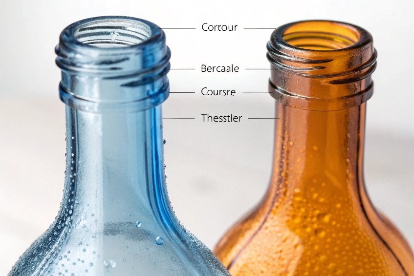 Closeup of blue and amber glass bottle neck finishes with labeled diagram lines