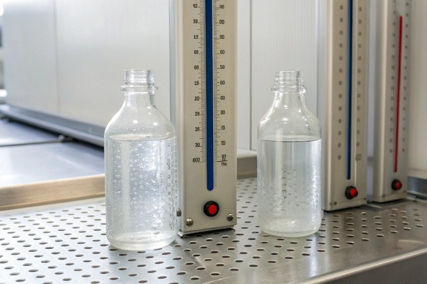 Clear glass bottles with water undergoing thermal shock resistance test beside vertical lab thermometers