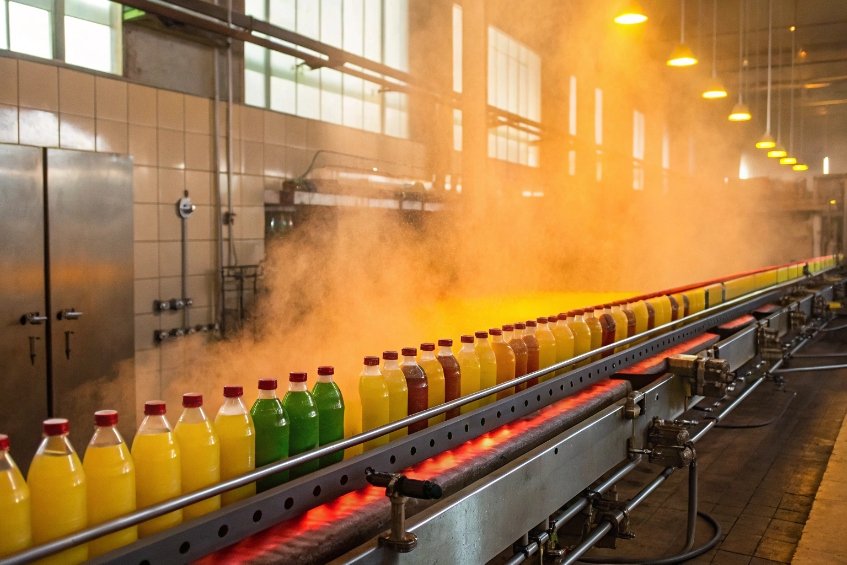 Plastic juice bottles in various colors moving through hot steam tunnel pasteurization conveyor line