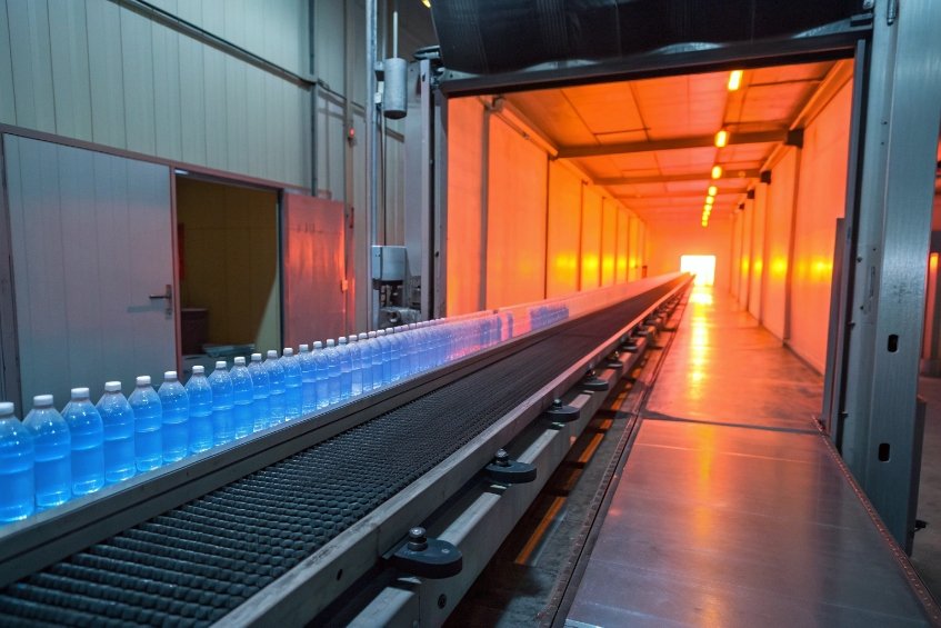 Blue liquid plastic bottles traveling on long heating conveyor tunnel in automated filling facility