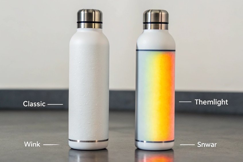 Two insulated stainless water bottles showing plain white and rainbow gradient customizable branding design
