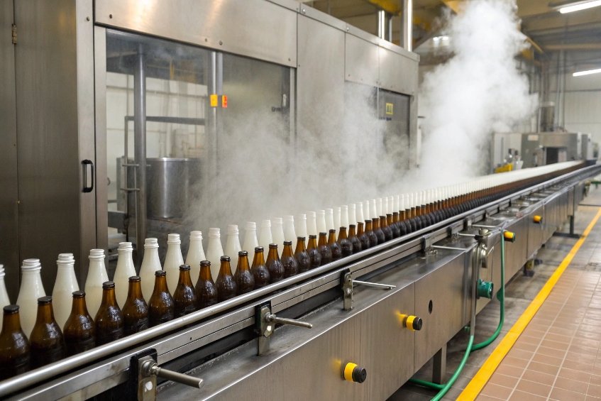 Row of capped beer bottles passing through hot steam tunnel pasteurizer