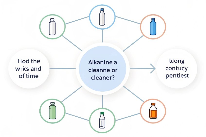 Infographic diagram about alkaline bottle cleaning process with icons of different containers