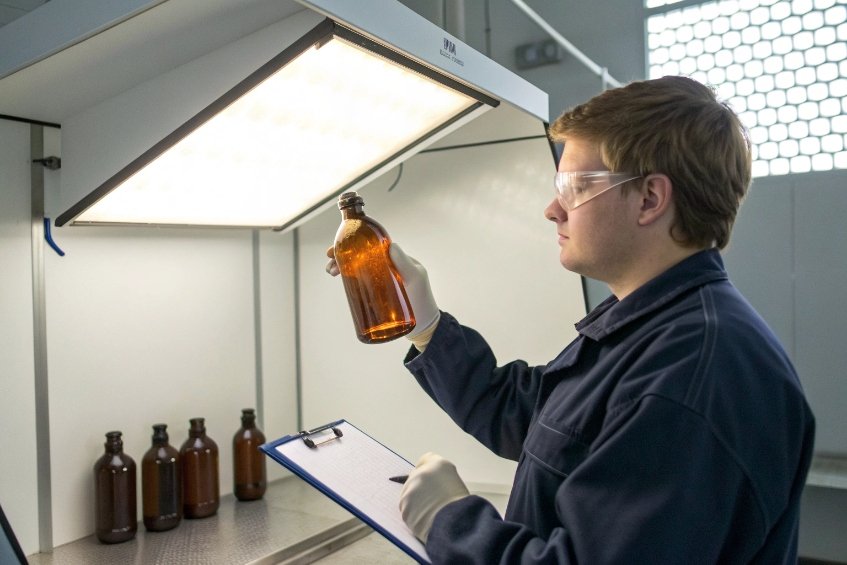 Quality inspector examining amber glass bottle under bright inspection light with clipboard