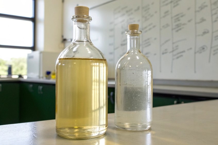 Two clear laboratory glass bottles with yellow and transparent liquid samples on counter
