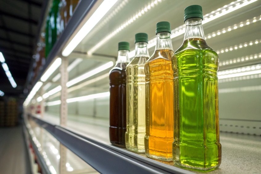 Colorful edible oil glass bottles with green caps lined on supermarket shelf