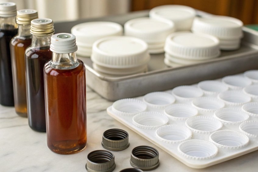 Small glass syrup bottles with metal screw caps and white plastic lids for packaging