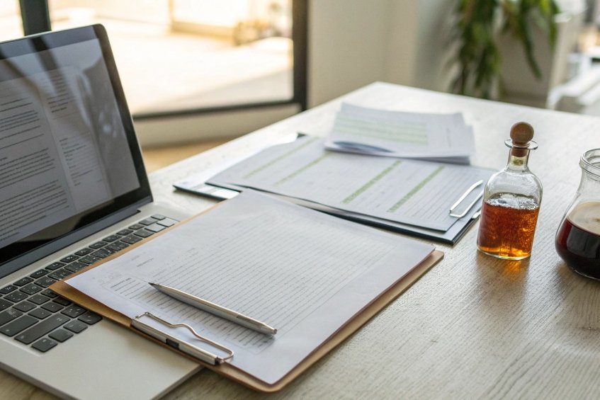 Laptop paperwork and small amber glass sample bottle on bright office desk