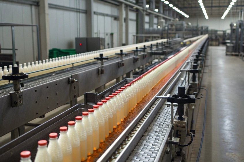 Long row of plastic milk bottles on automated conveyor in modern beverage factory