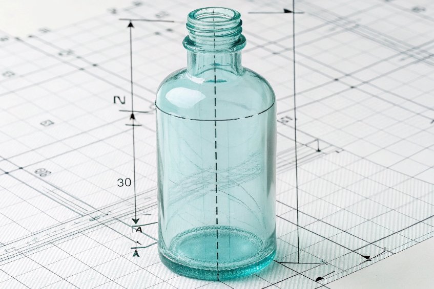 Blue cosmetic glass bottle standing on technical drawing with measurement lines and dimensions