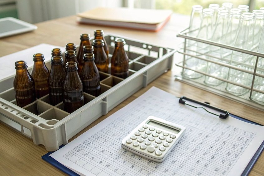 Beer sample glass bottles in crate with production data sheet and calculator on desk