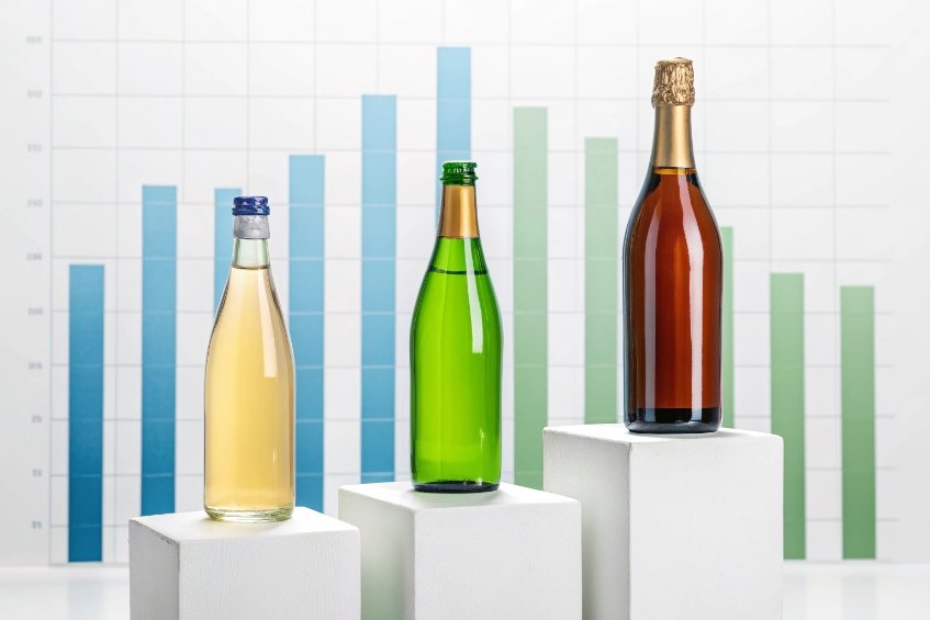Wine and champagne glass bottles on podiums in front of beverage sales bar chart