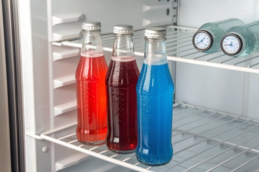 Colorful soda glass bottles cooling in refrigerator with condensation and temperature monitoring thermometers