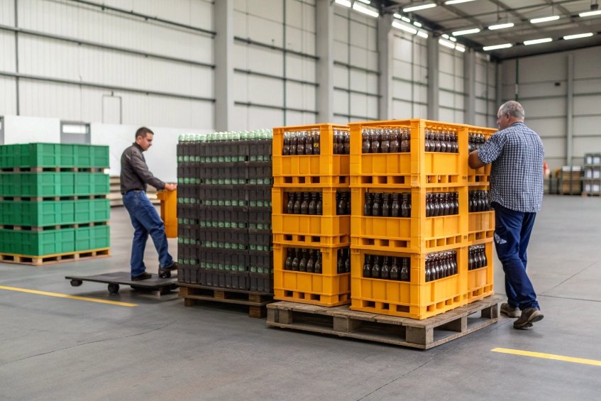 Workers moving pallets of bottled drinks in warehouse with plastic crates on wooden skids