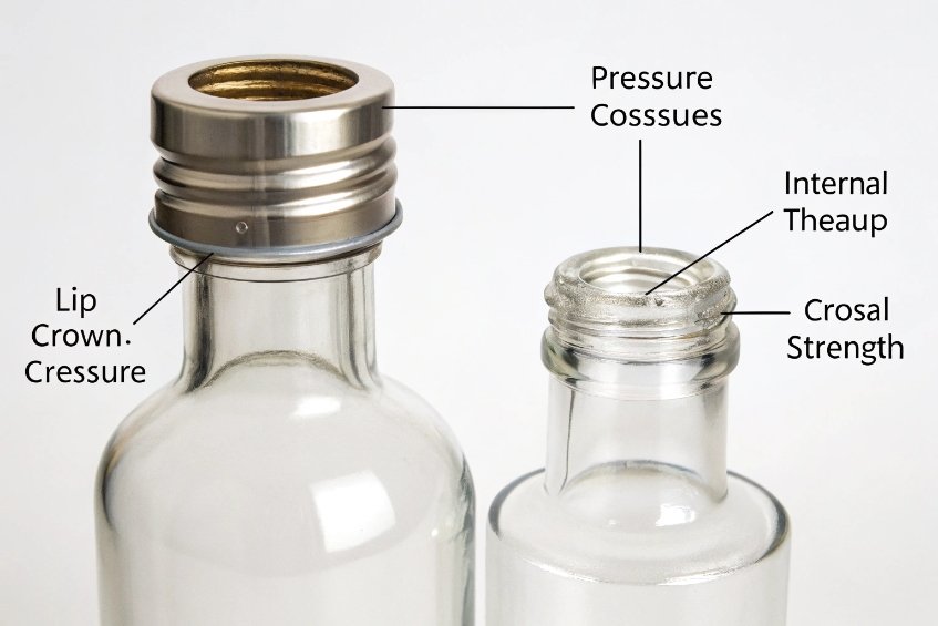Closeup of two glass bottle neck finishes with aluminum screw cap and labeled parts
