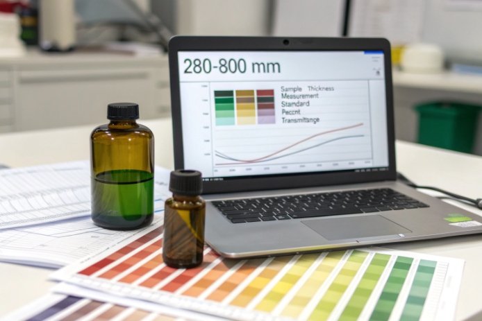 Amber and green glass bottles beside laptop showing UV-Vis transmittance and color chart