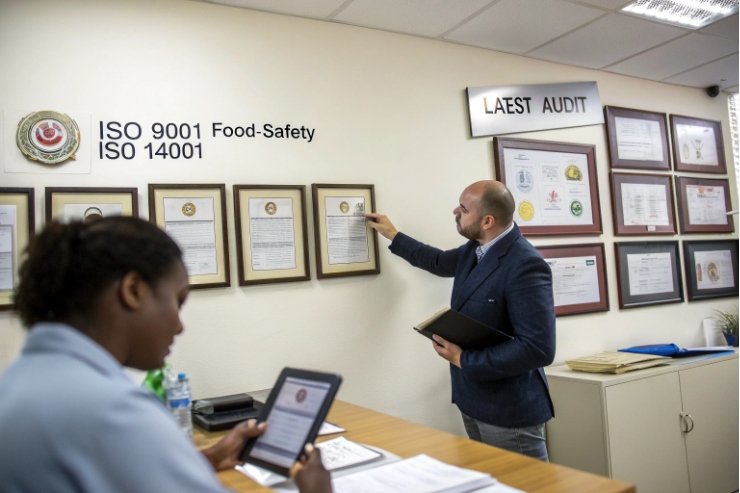 Factory audit team checks ISO 9001 and ISO 14001 certificates