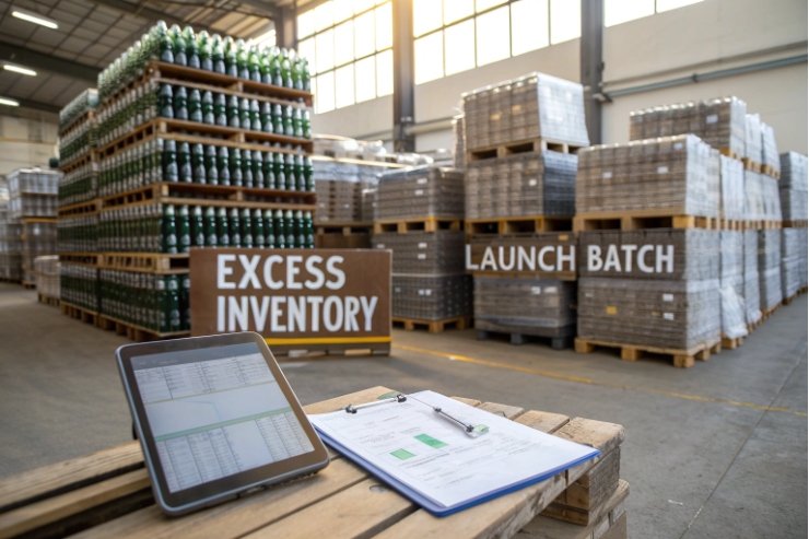 Palletized glass bottle inventory management for launch batch and excess stock