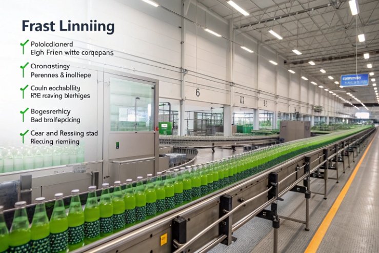 Green beverage bottles on high-speed conveyor in modern bottling plant