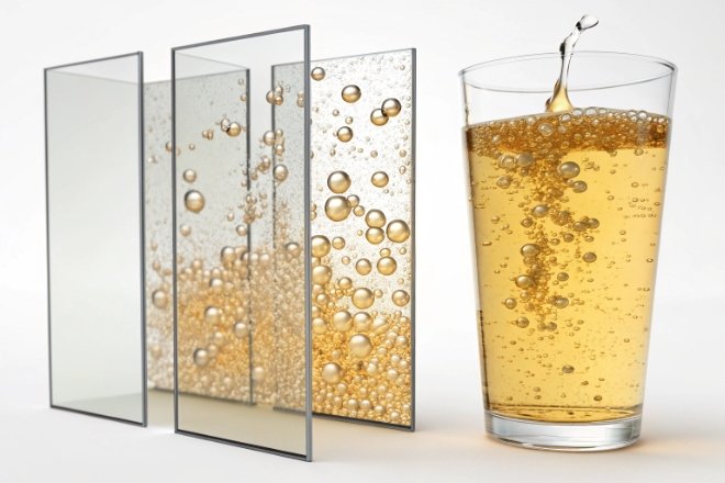 Glass panel bubble comparison beside carbonated drink showing gas inclusion clarity test