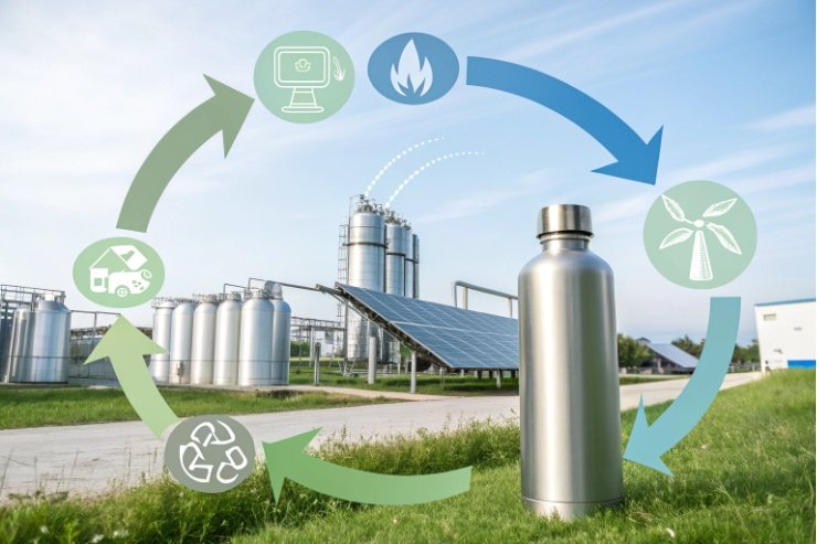 Reusable bottle with circular economy icons at renewable energy manufacturing plant