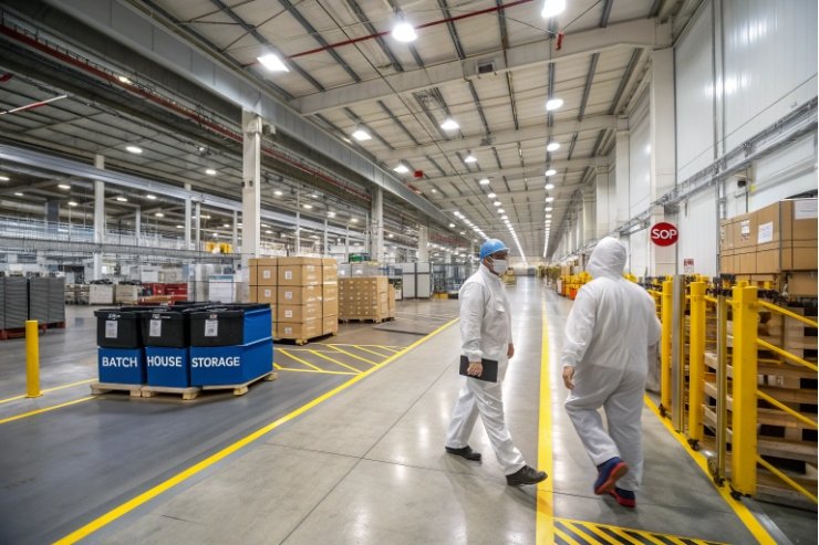Cleanroom-suited staff walk through beverage bottling warehouse and storage lanes