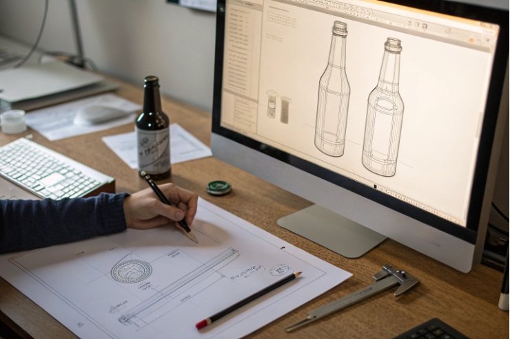 Engineer designs custom glass bottle in CAD with technical drawing and calipers