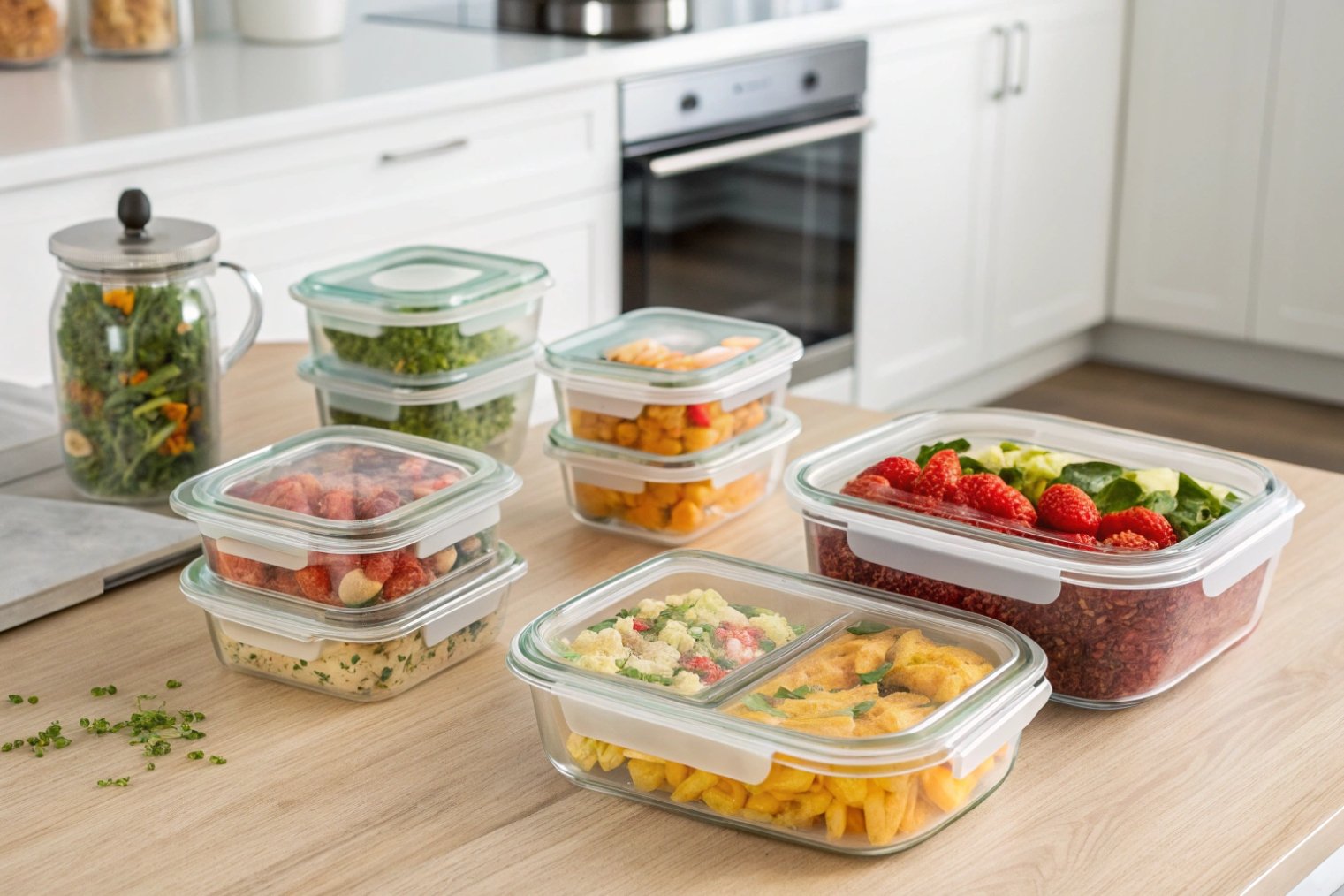 Assorted glass meal prep containers with fresh fruits and vegetables on modern kitchen counter