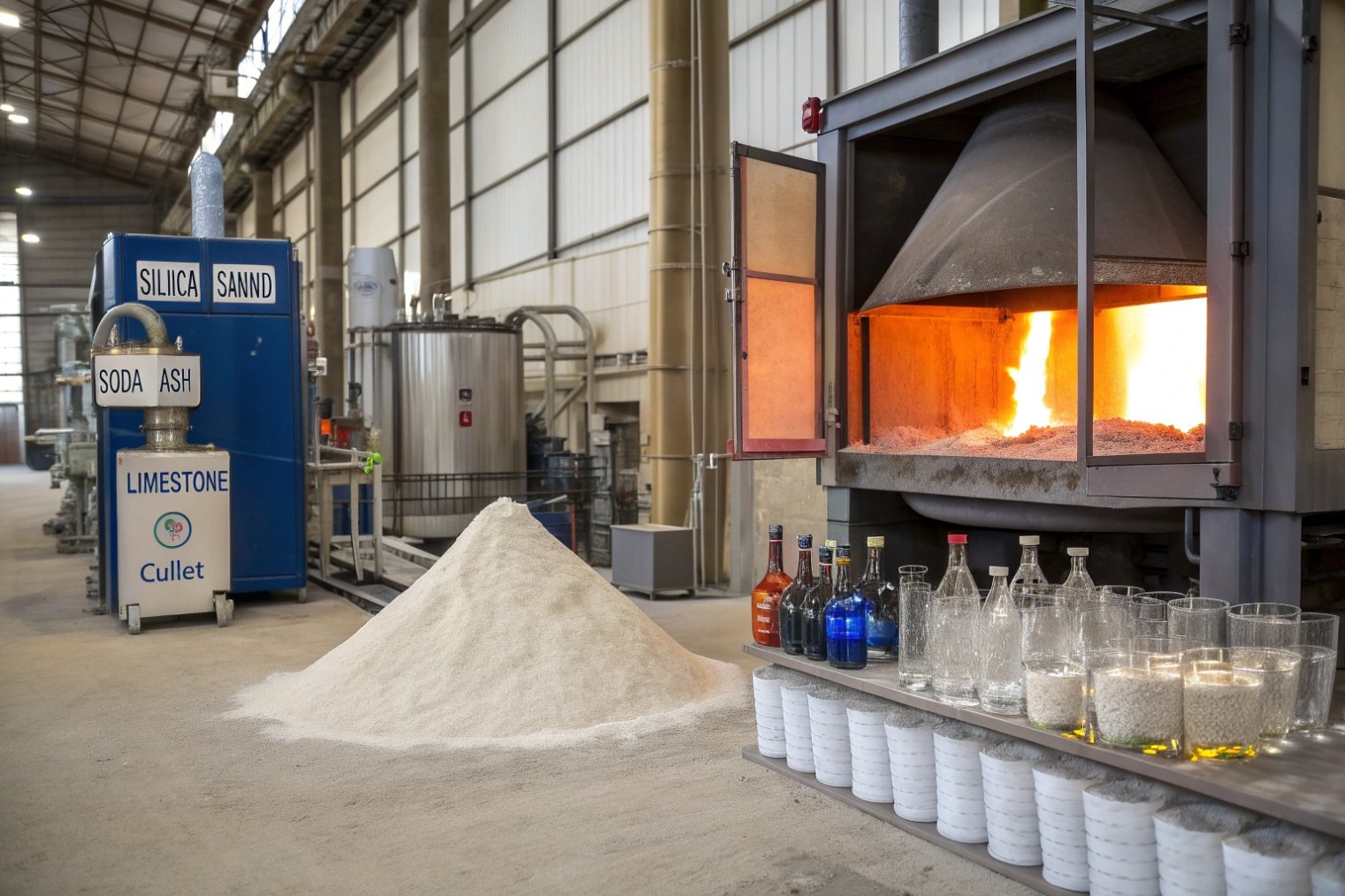 FuSenglass glass bottle furnace with silica sand raw materials display