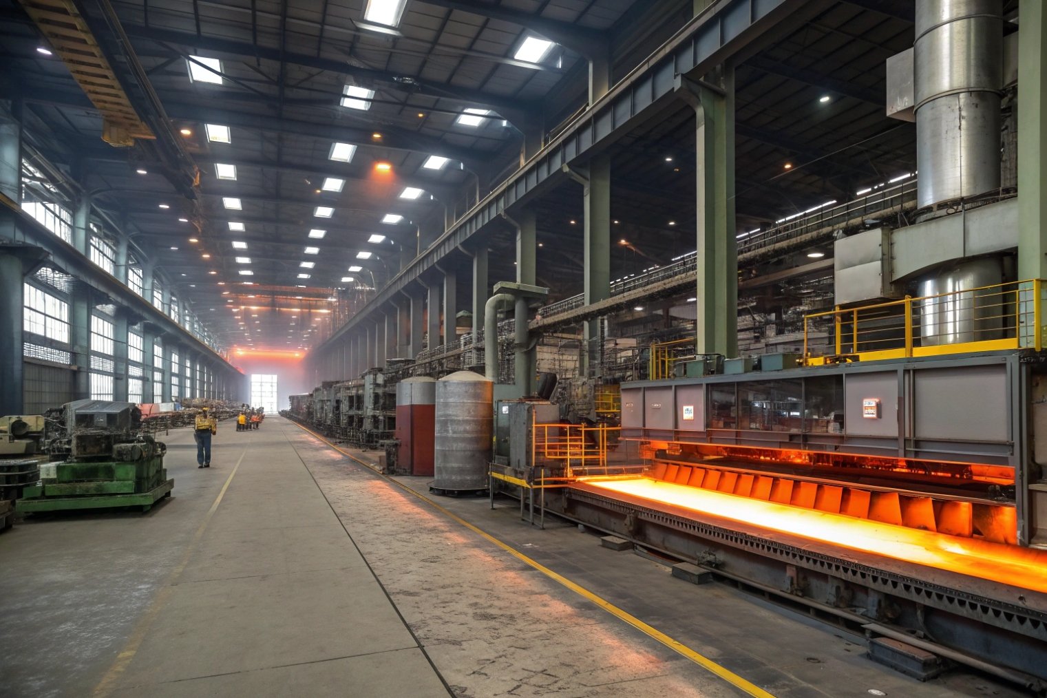 Large glass bottle factory with long furnace line and workers in high bay hall