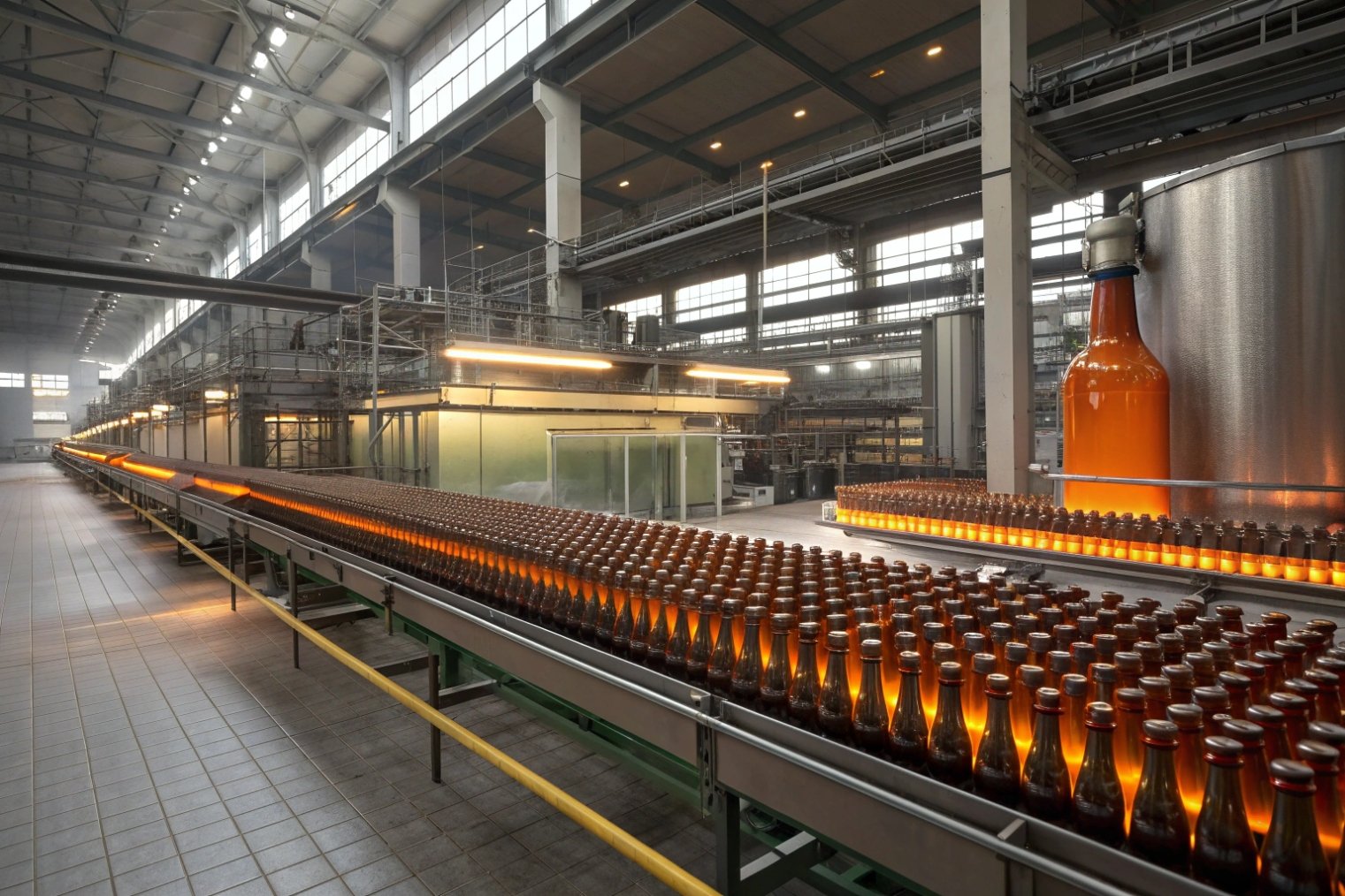 Automated filling line of glowing amber beer bottles in large industrial brewery hall