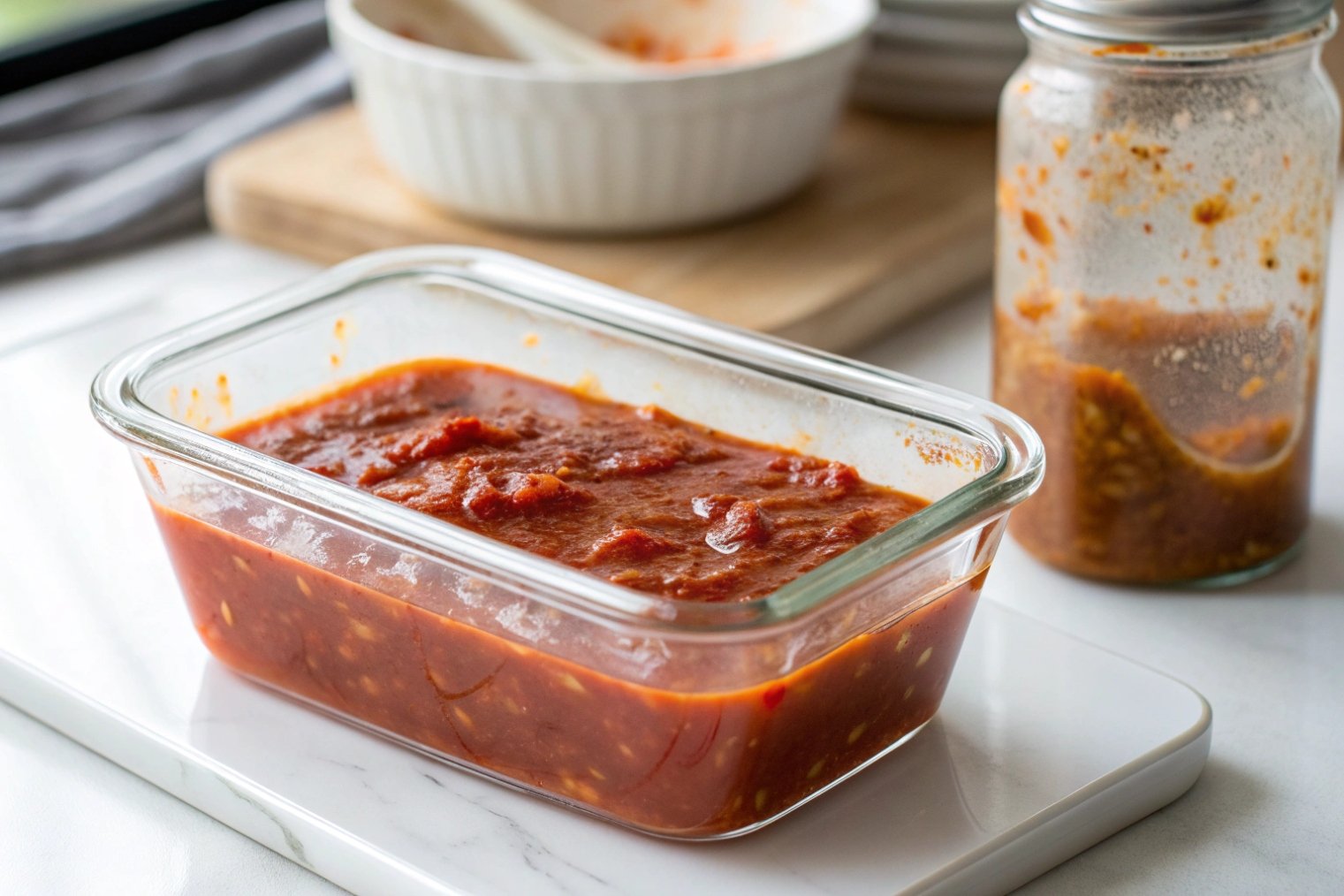 Rectangular glass container filled with homemade tomato sauce on white kitchen surface