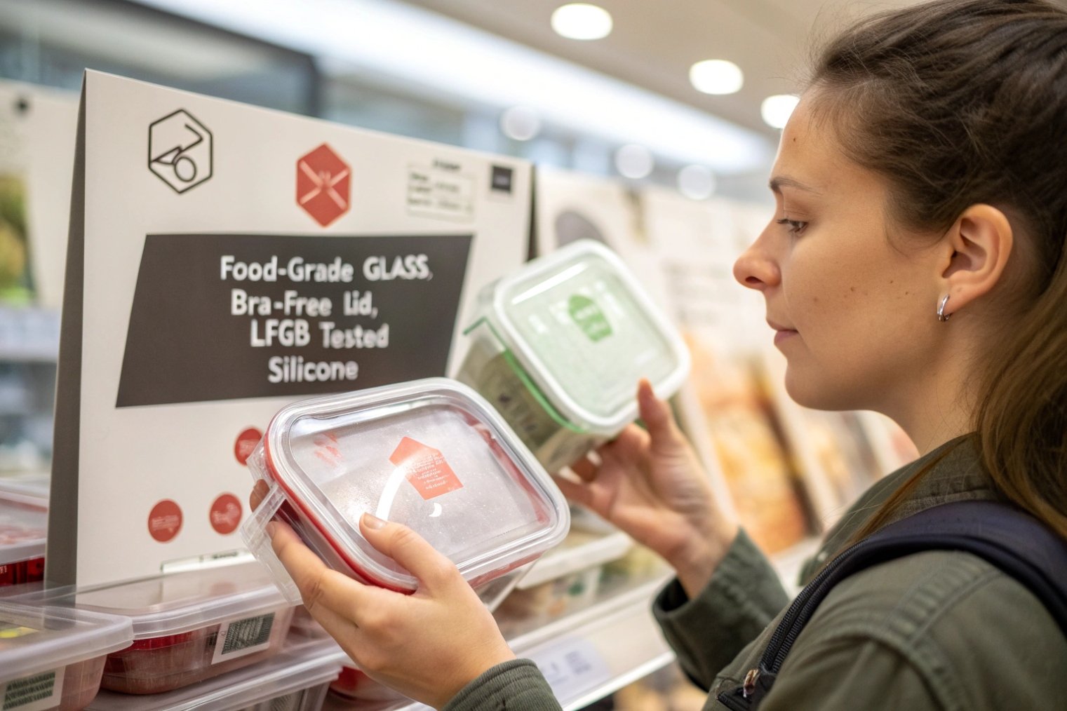 Woman comparing reusable glass food containers with silicone lids on supermarket shelf