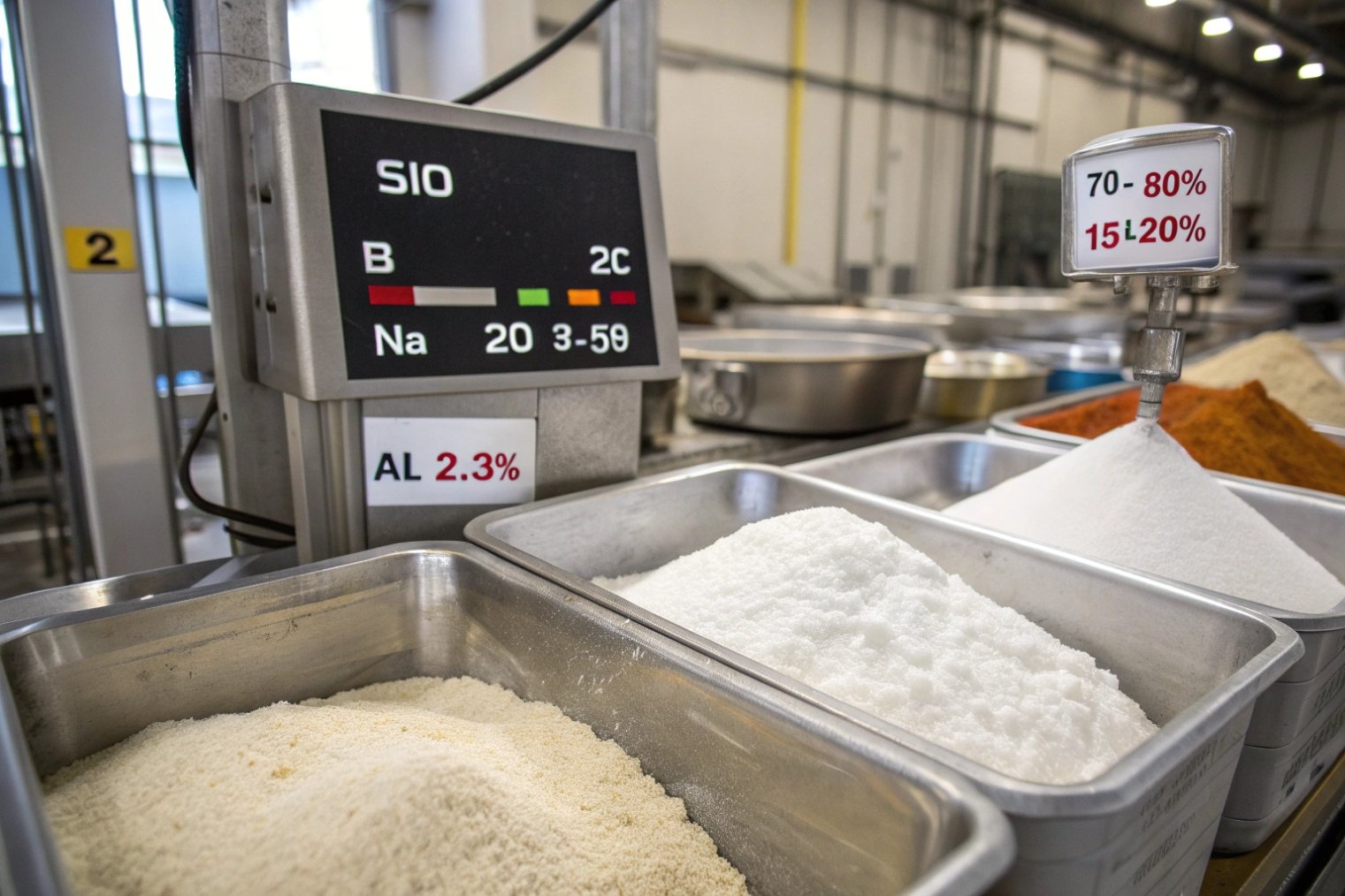 Glass batch raw materials in steel bins with composition monitor in production plant