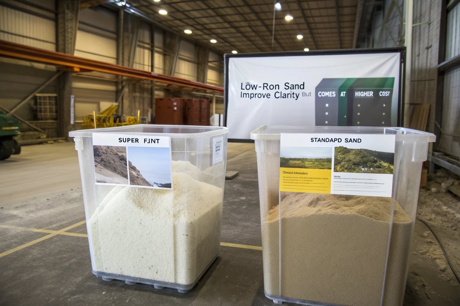 Low iron silica sand versus standard sand samples for glass clarity and cost analysis