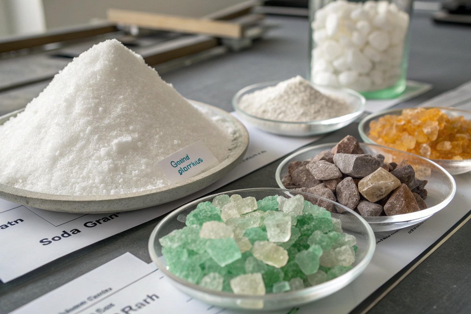 Glass bottle raw materials soda ash limestone cullet on laboratory table