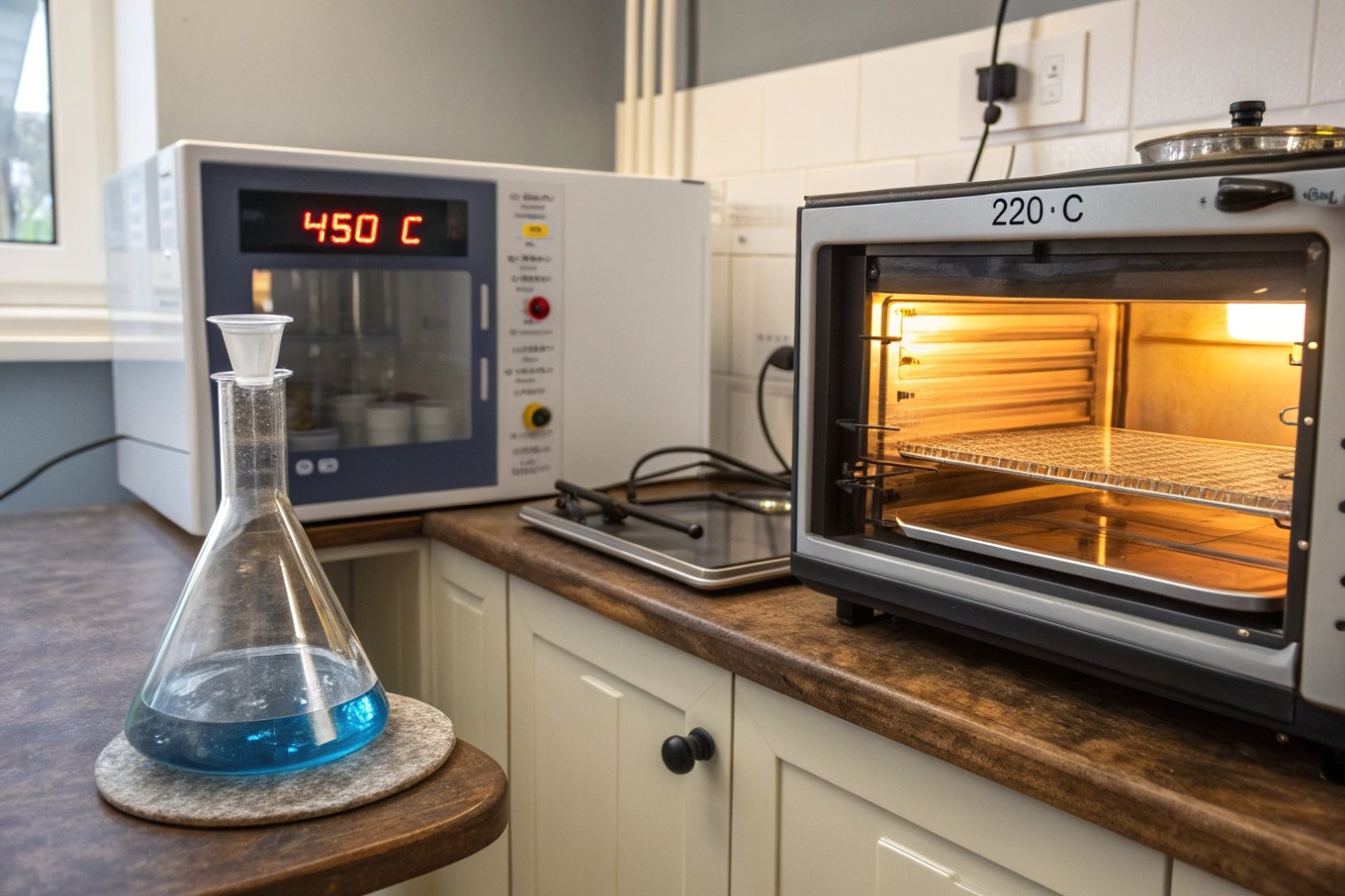 Laboratory ovens at 450C and 220C with borosilicate glass flask on counter