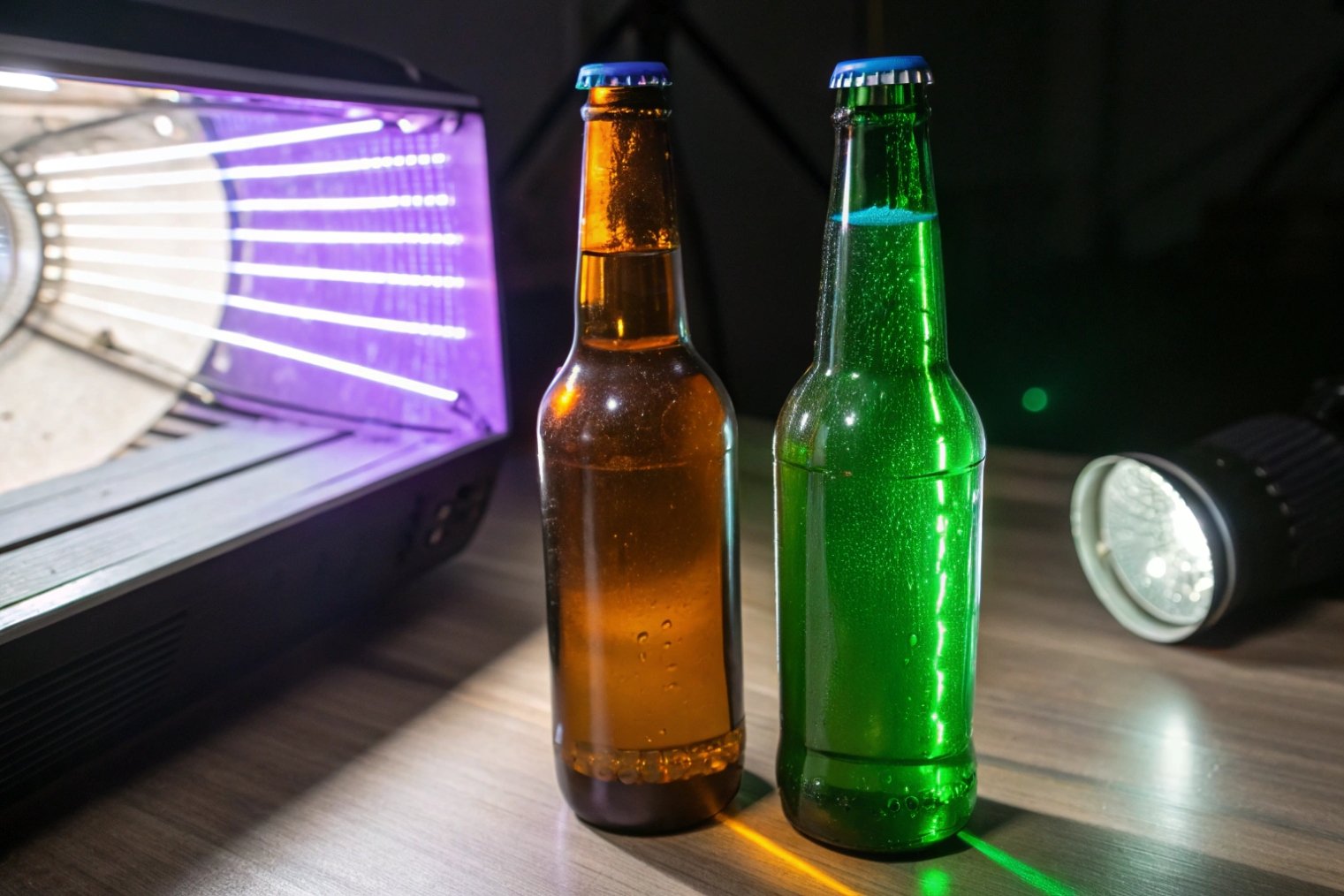 Amber and green beer bottles under UV and white inspection lights on tabletop