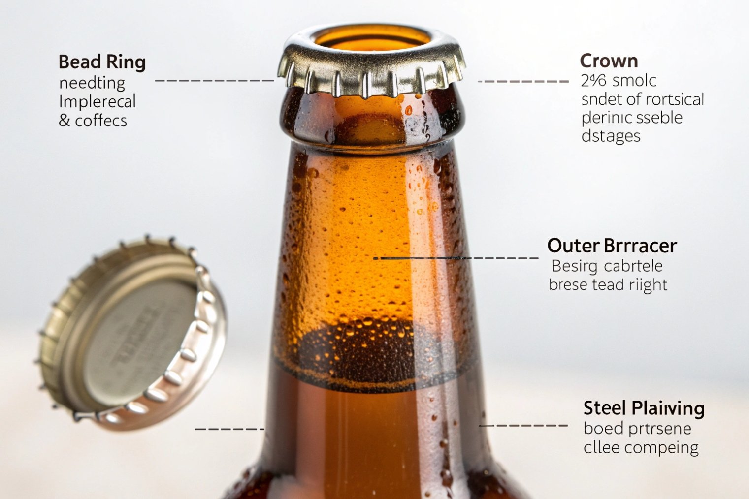 Close-up of amber beer bottle neck with annotated crown, bead ring, and finish details