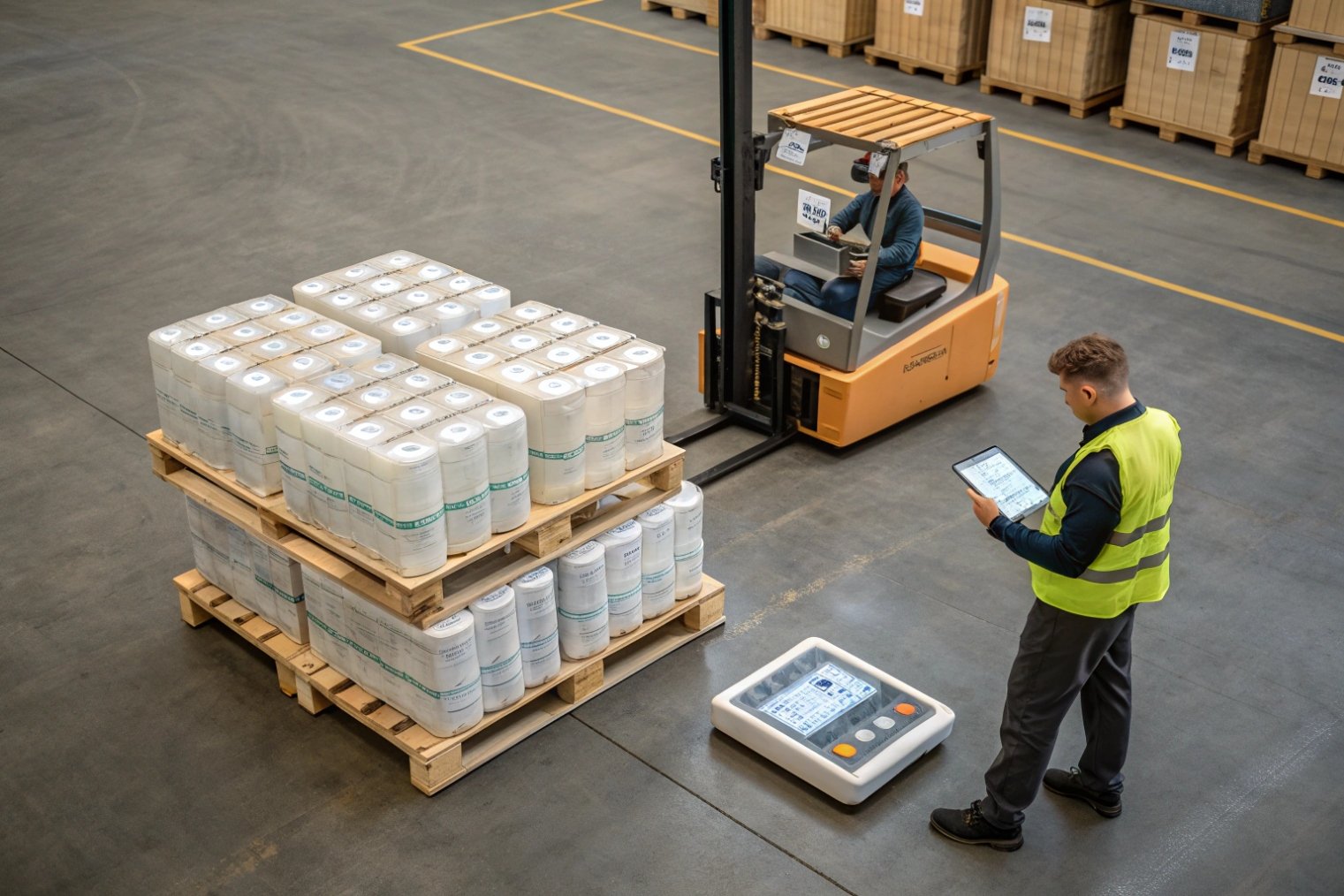 Forklift and workers handling shrink wrapped packaging pallets in spacious warehouse