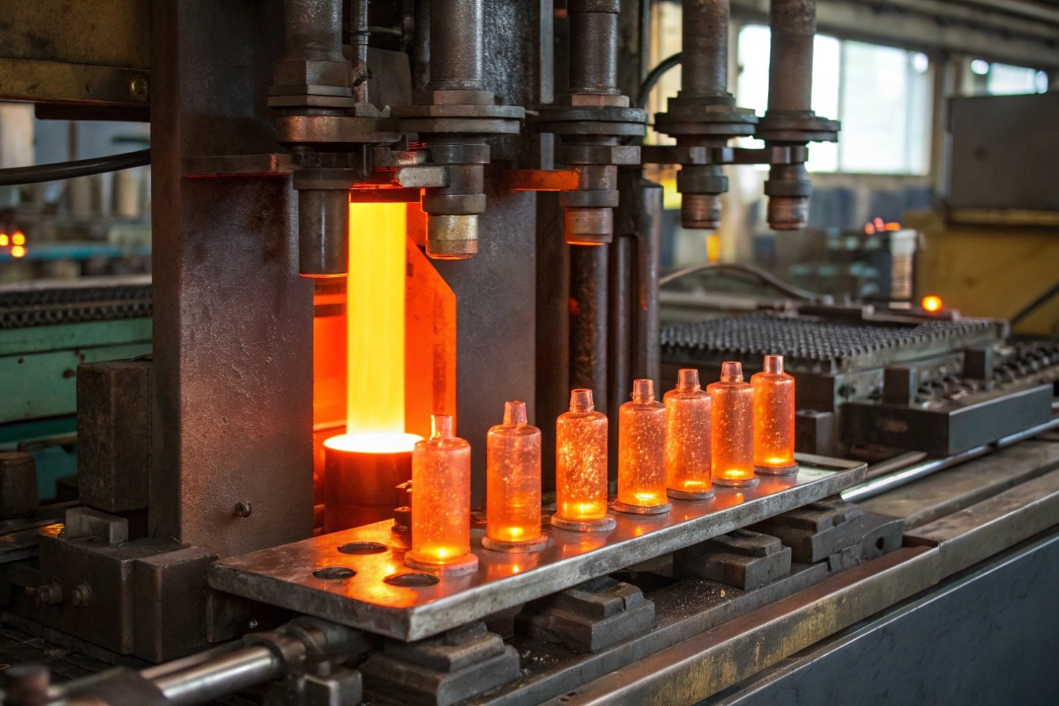 Red hot glass bottle parisons under forming machine in bottle production line