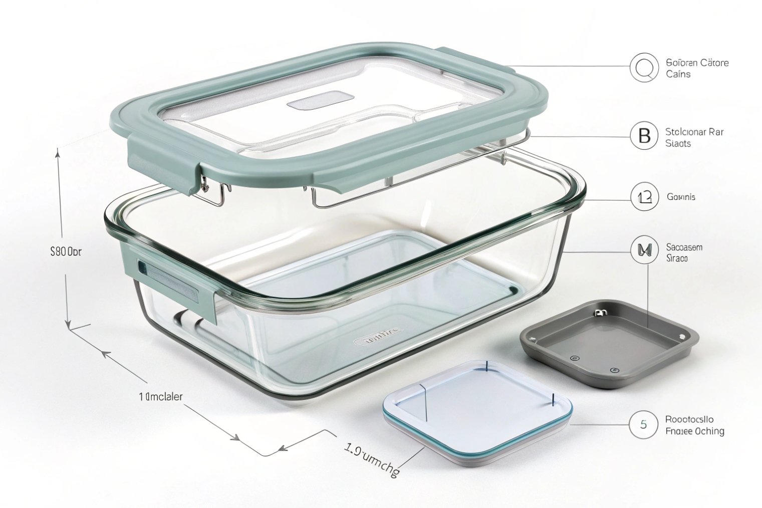 Exploded diagram of airtight glass meal container with locking lid and removable tray