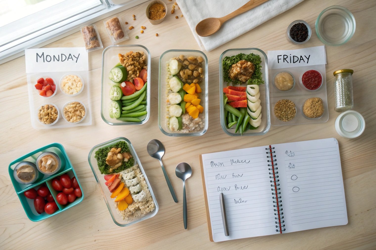 Weekly meal prep plan with assorted healthy lunches packed in glass containers