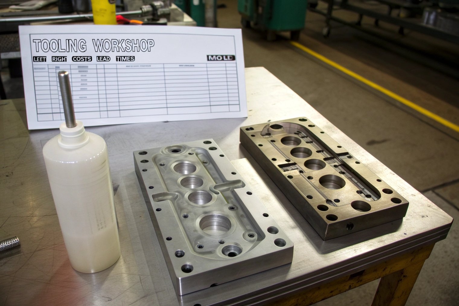 Glass bottle mold halves and tooling components displayed on metal workbench