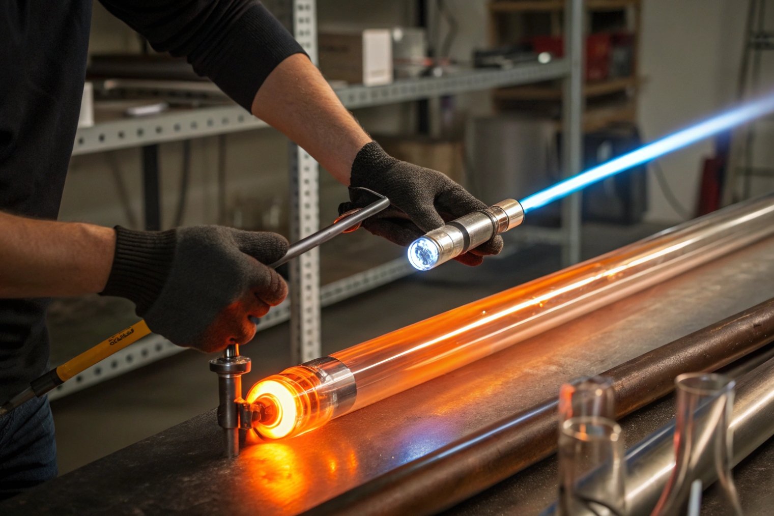 Technician flame-working long borosilicate glass tube for precise shaping