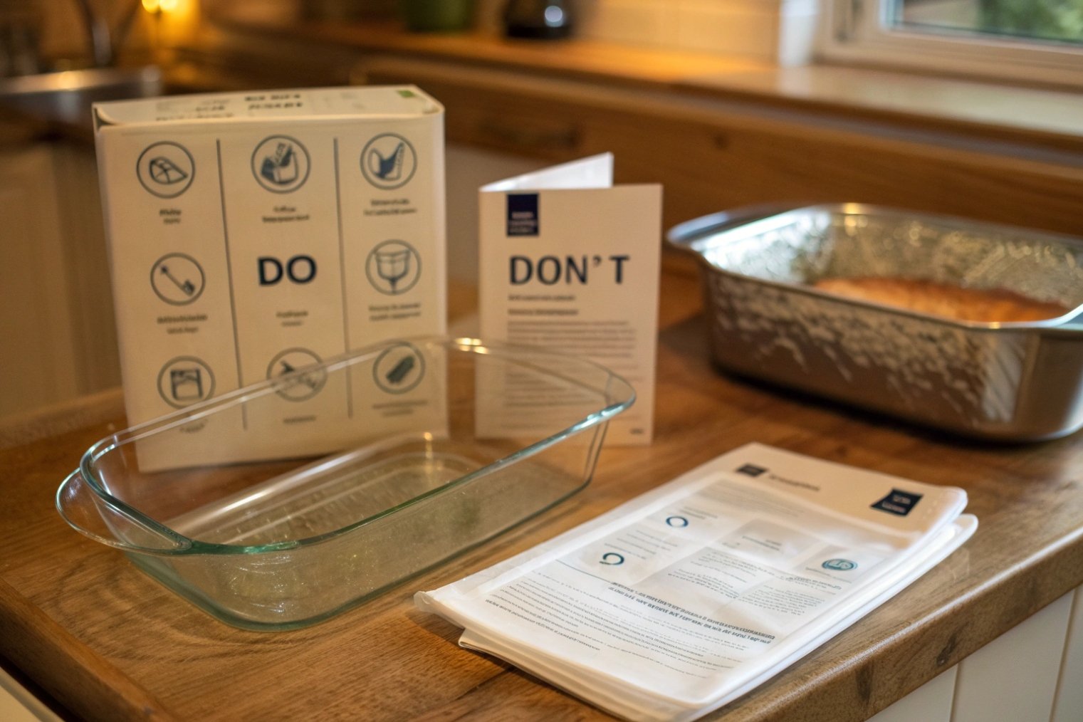 Glass baking dish with safety instruction packaging showing do and dont icons