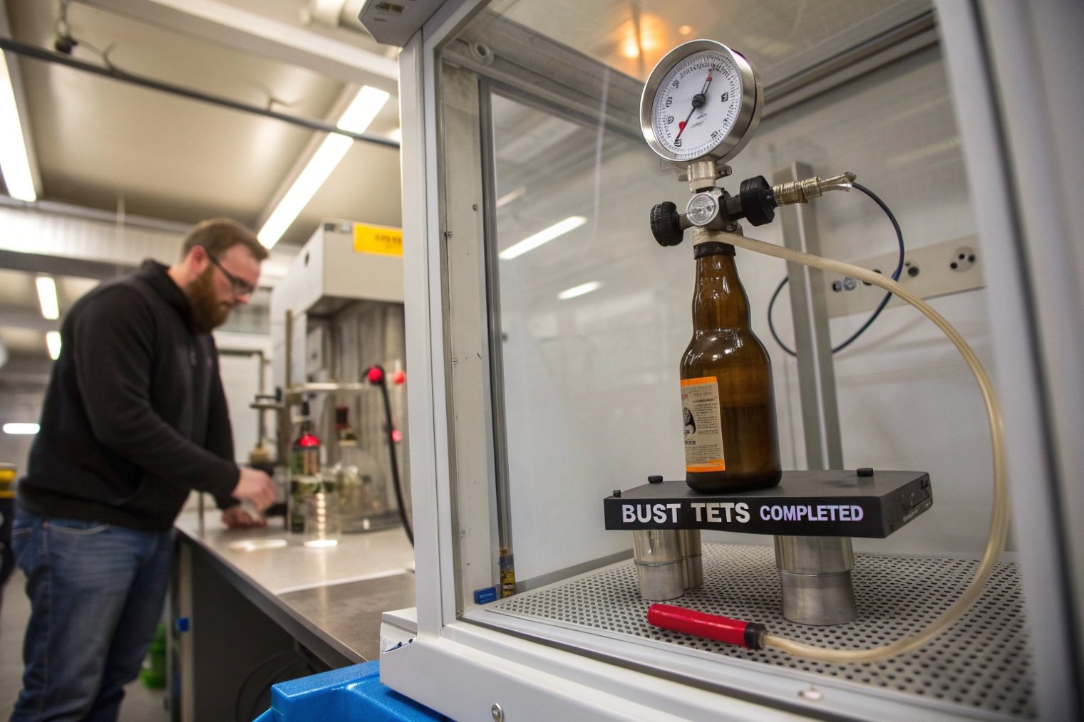 Laboratory burst-pressure test rig clamped onto capped amber beer bottle