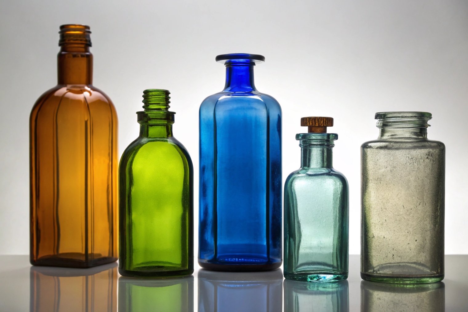 Assorted colored pharmaceutical cosmetic glass bottles by FuSenglass on display