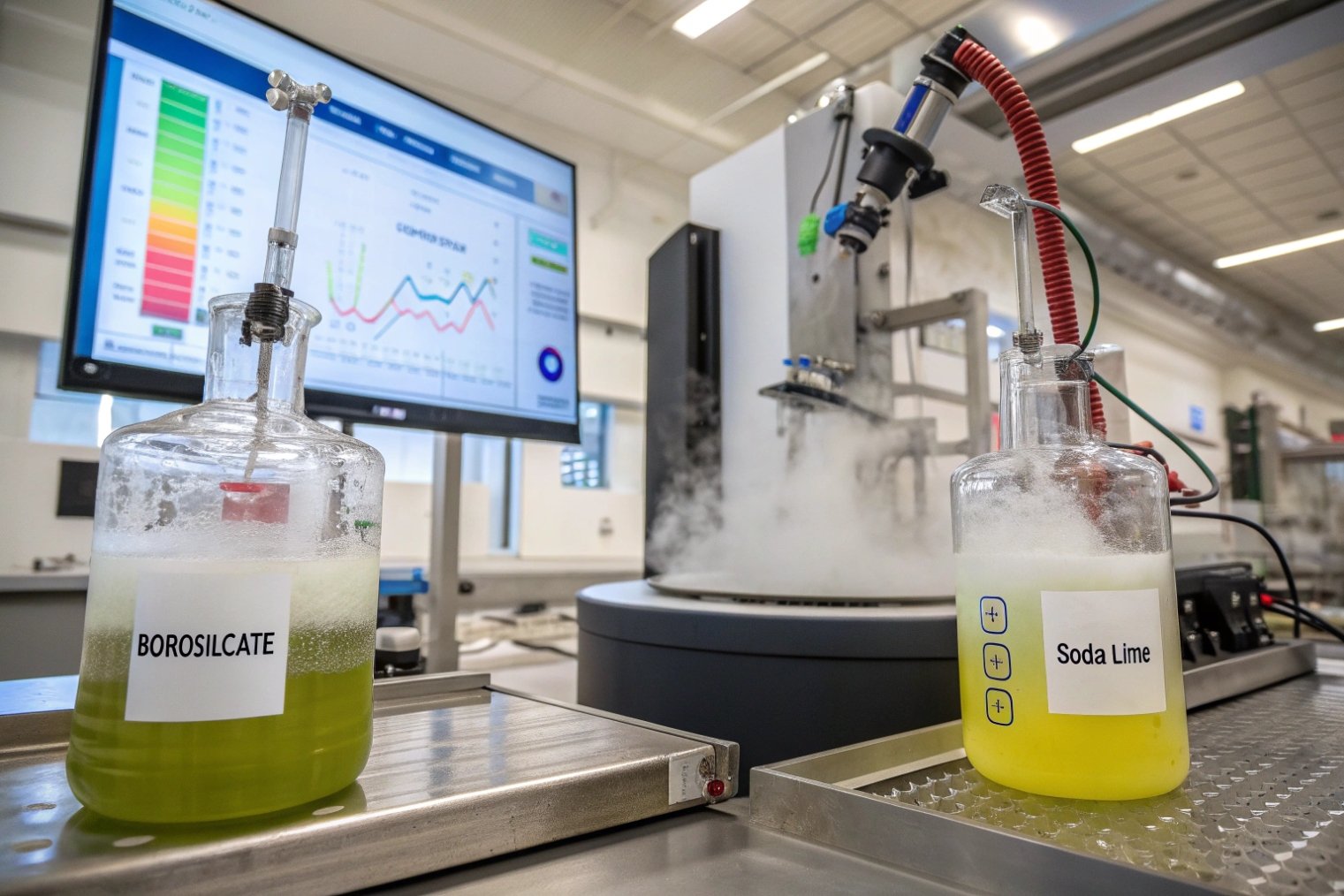 Laboratory test comparing borosilicate and soda lime glass bottles under extreme conditions