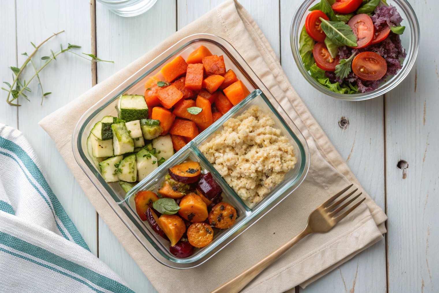 Close up of divided glass lunch container filled with roasted vegetables and grains